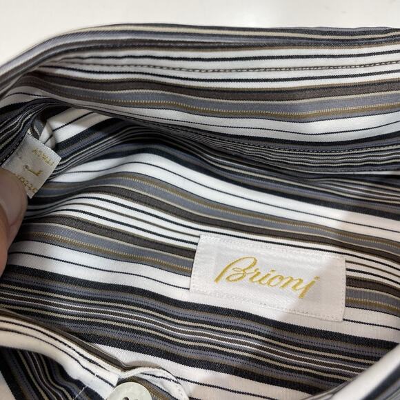 VTG Brioni Men’s Shirt Large Gray White Stripe Long Sleeve Dress Preppy Cotton - Picture 3 of 7